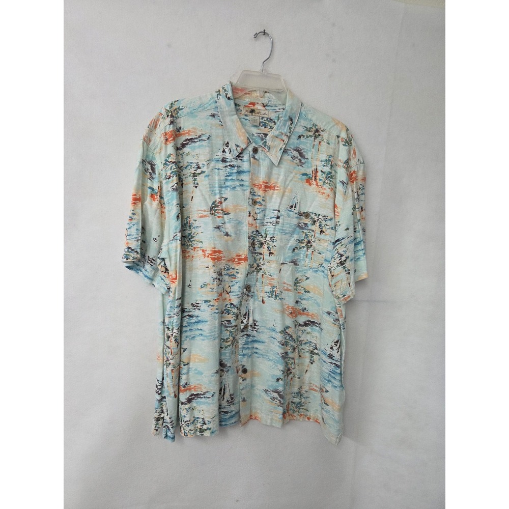 Joe Marlin Tropical Button Up Shirt Mens 3X Blue Scenic Palm Tree Sailboat Rayon